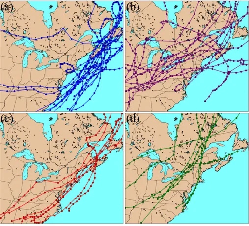 Figure 2.1: Composite tracks of 2003-2013 storms affecting NB Power infrastructure (only  November to April events) clustered into 4 categories: (a) only snow events, (b) mixed events,  (c)  freezing  rain  events  and  (d)  only  rain  events