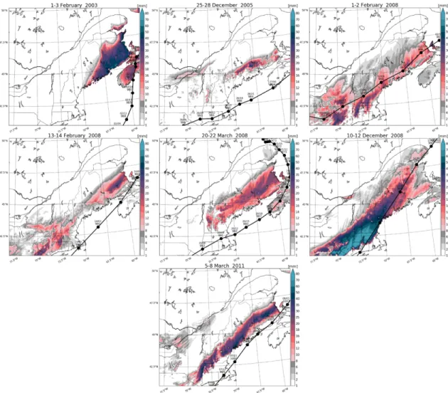 Figure 2.6: Freezing rain amounts associated with the 7 identified storm tracks. Black dots  represent  the  position  of  the  low-pressure  centers  at  3-h  intervals