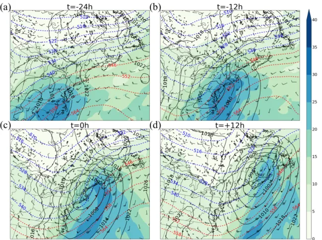 Figure 2.7: Composite of the ERA5 reanalysis 500-1000 hPa thickness (dam, dashed), total  precipitable water (mm, shaded), sea level pressure (hPa, contours) and 850-hPa wind (barbs)  fields corresponding to 7 freezing rain events in New Brunswick at (a) t