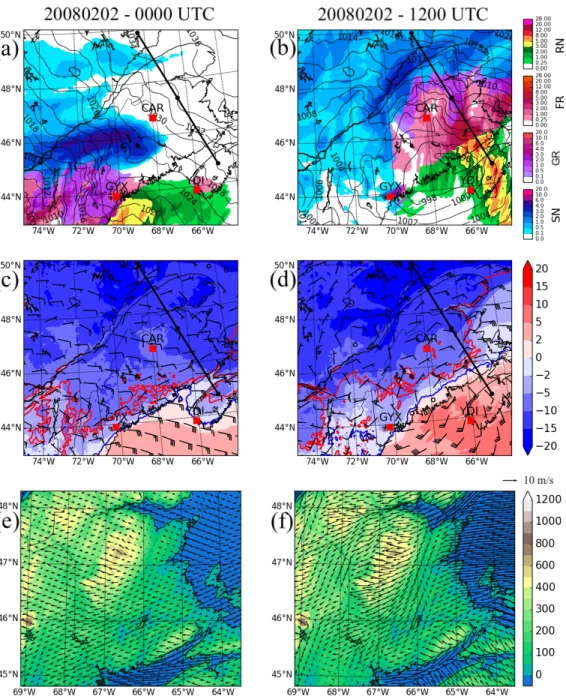 Figure 2.9: WRF-CTL Sea level pressure (hPa, contours), precipitation type and rate (mm/h,  shading) valid at (a) 0000 UTC and (b) 1200 UTC on 2 February 2008