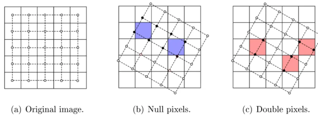 Figure 2.4: Digital rigid transformation is not necessarily bijective. (a) Original image with the associated grid