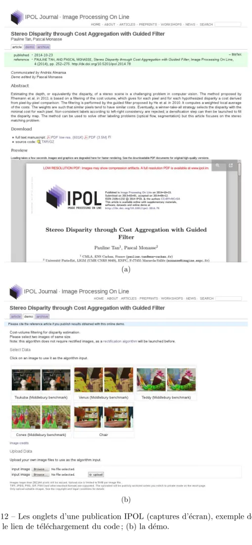 Figure 2.12 – Les onglets d’une publication IPOL (captures d’´ecran), exemple de [40] : (a) l’article et le lien de t´el´echargement du code ; (b) la d´emo.