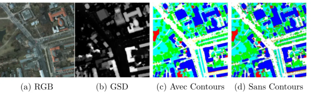 figure 1.2: Exemple de modalités de la ville de Potsdam ((a) et (b)), ainsi que les deux vérités terrain, avec (c) et sans (d) contours autour des objets.