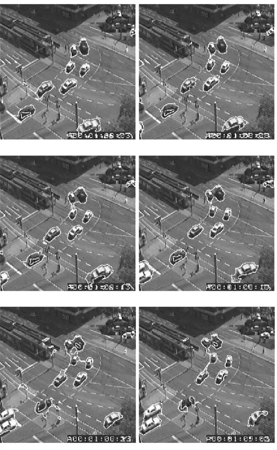 Figure 4: Multiresolution version of the Weickert and Schn¨orr algorithm : segmented objects for our method on frames 5, 10, 15, 20, 25, 30.