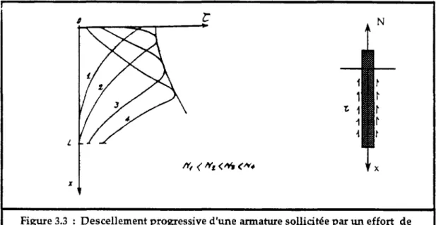 Figure 3.3 : Descellement progressive d'une armature sollicitée par un effort de  traction (Panet 1988)