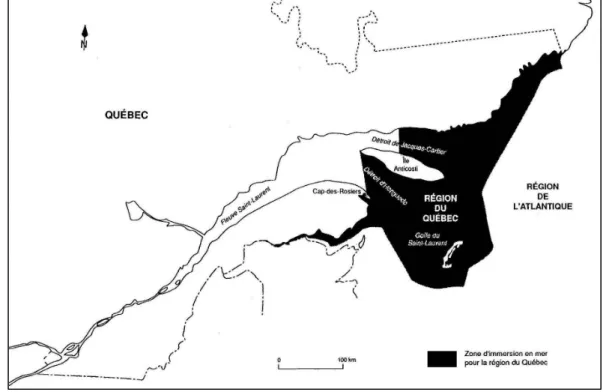 Figure 2-1  Zone d’immersion en mer pour la région du Québec selon la LCPE.   Tirée de Centre Saint-Laurent (1993), p
