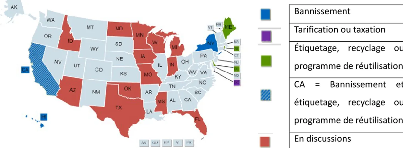 Figure 1.1 États américains ayant adopté une législation sur les sacs de plastique (tiré de National  Conference of State Legislatures, 2019) 