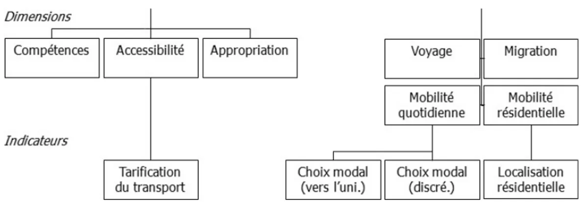 Figure 1.2  Cadre conceptuel de ce mémoire (de dimensions à indicateurs) 