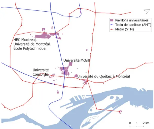 Figure 1.5  Les campus des universités montréalaises les plus fréquentés en  2013 sont desservis par des modes de transport en commun de  grande capacité 