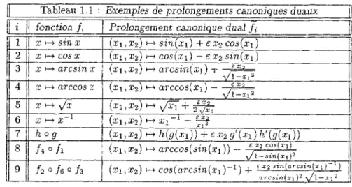 Tableau 1.1 : Exemples de prolongements canoniques duaux  i  1  2  nr  5  j6~  7  8  R  1 fonction fi | x i-&gt; sin x X l—» COS X 