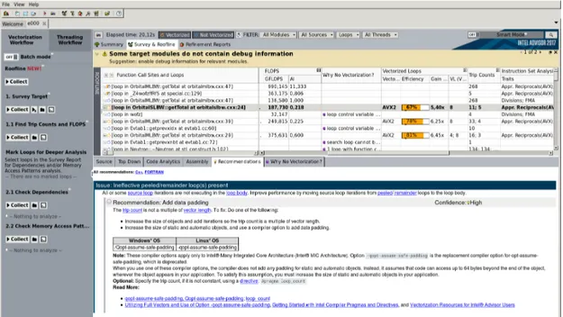 Figure 2.14: Advisor analysis with trip counts and FLOPS for the target program on a Broadwell architecture.