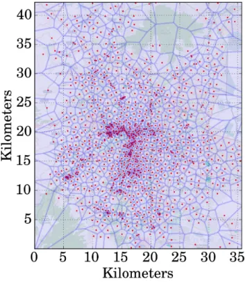 Figure 3.1: Deployment of cell towers in a metropolitan area from CDR dataset. Red dots represent the base stations and the Voronoi tessellation approximates the coverage of each cell.