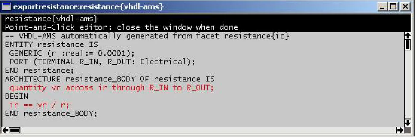 Figure 2-11  : Le modèle VHDL-AMS généré automatiquement à partir de l’icône figure  2-10 