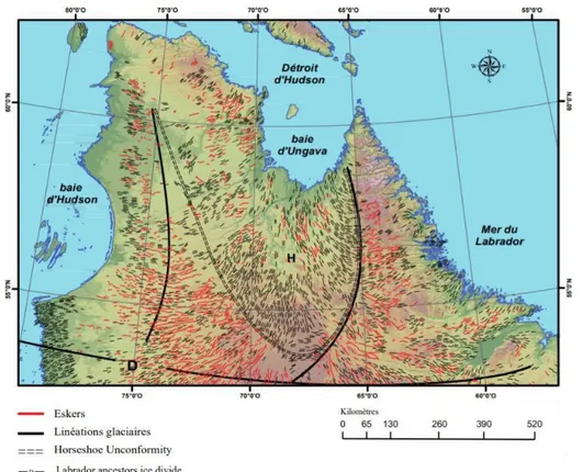 Figure 1.3 Deux grands ensembles géomorphologiques du nord du Québec composés  de linéations glaciaires (drumlins, crag-and-tails; lignes noires) et d’eskers (lignes  rouges), dont la rencontre forme une zone arquée appelée le Horseshoe Unconformity  (modi