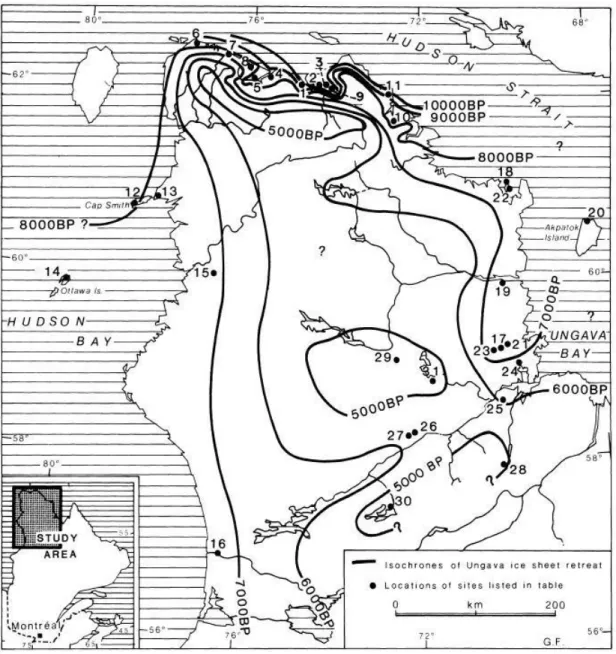 Figure 1.6 Chronologie de la déglaciation sur la péninsule d’Ungava (tirée de Lauriol  et Gray, 1987)