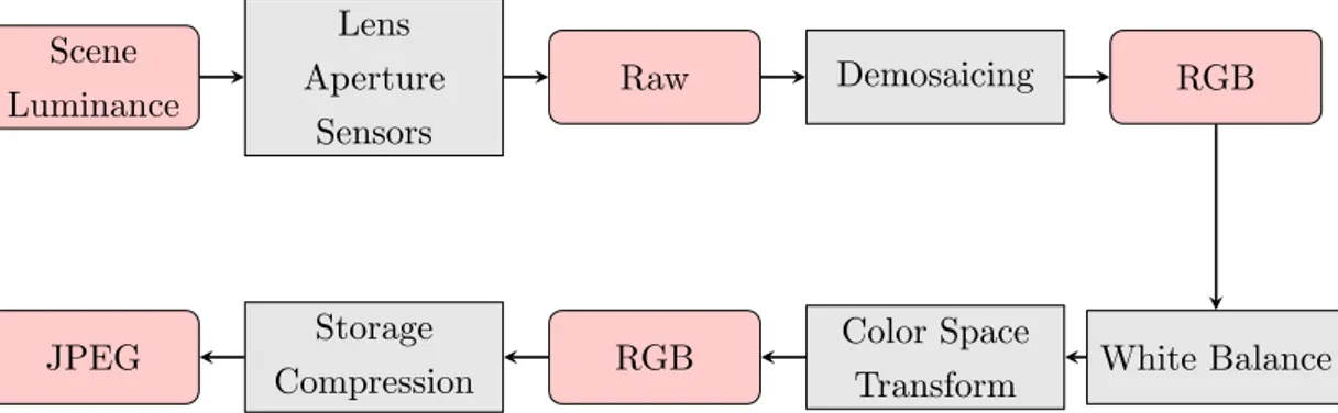 Figure 4.1: Pipeline of camera processing. Gray blocks represent main steps during camera processing while pink blocks indicate data formats after corresponding steps