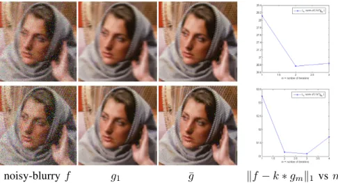Fig. 1. Preprocessed images ¯ g in the presence of Random-valued impulse noise. Data f : (Top) motion blur kernel with length of 8 and orientation 0, noise density d = 0.1, (Bottom) motion blur kernel with length of 4 and orientation 0, noise density d = 0