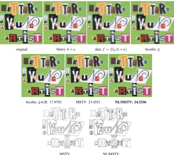 Fig. 14. S UPER - RESOLUTION of a still image. Top: original image of size 272 × 272, blurred image h ∗ u with Gaussian blur kernel h with σ b = 2, down-sampled data f = D k (h ∗ u) of size 68 × 68 with k = 4, preprocessed (up-sampled) image ¯g using bicub