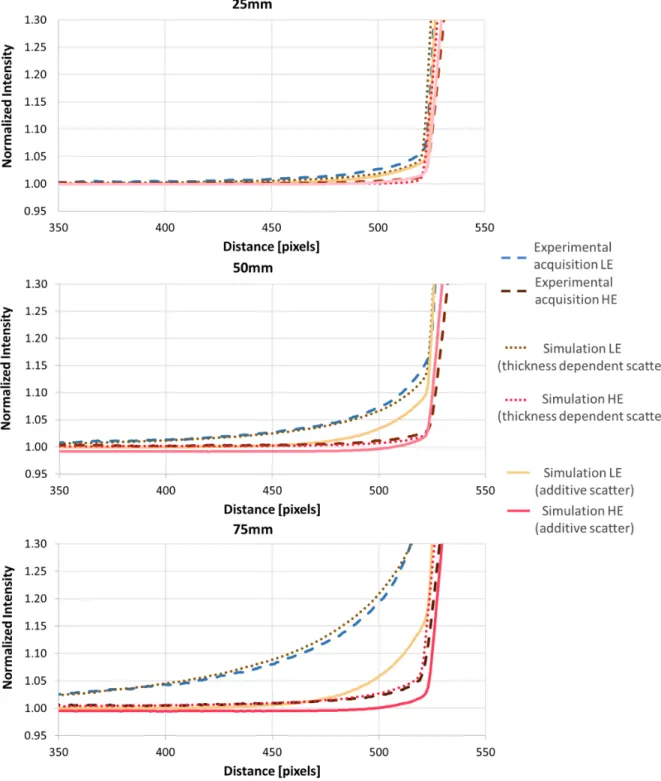 Figure 2.16: Experimental and simulated (additive and thickness dependent scatter models) low- and high-energy profiles in PMMA edge phantoms.