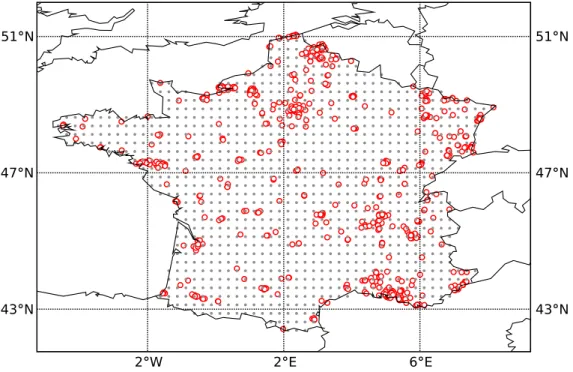 Figure 3.3 – Réseau de la BDQA. Les cercles en rouge représentent les positions des stations de la BDQA