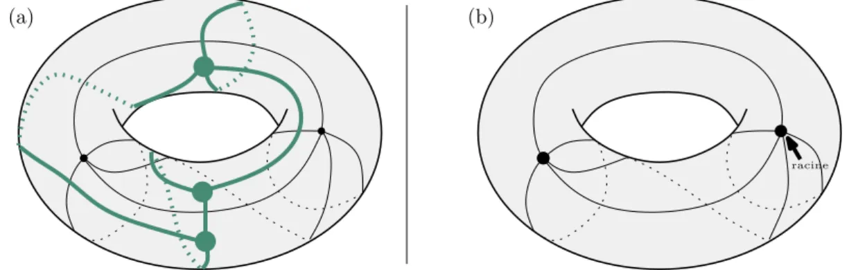 Fig. 1.7 – (a) La carte pr´ec´edente, et sa carte duale (en gras). (b) Enracinement de la carte en un coin, qui correspond `a distinguer la demi-arˆete 1 sur les figures pr´ec´edentes.