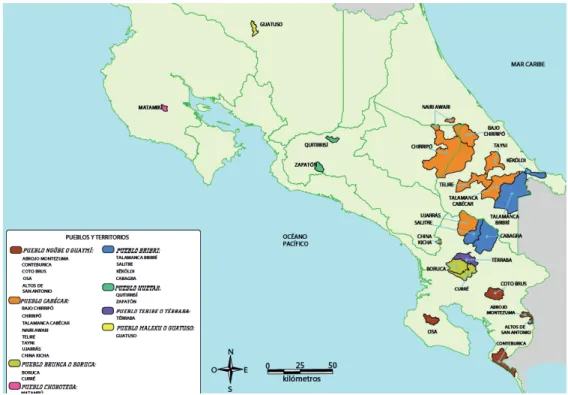 Figure 2.3  Carte illustrant les 24 territoires autochtones au Costa Rica ainsi que les noms de  peuple y habitant (INEC, 2013, p