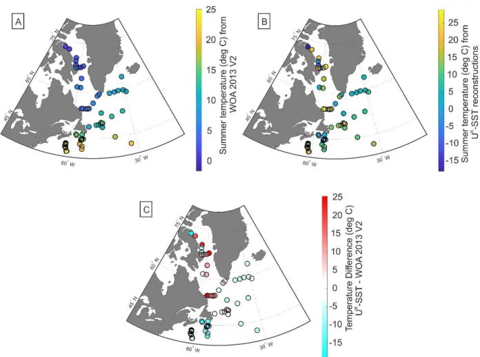 Figure 11. Temperature differences. A) Summer temperatures observed from WOA 2013 V2. B)  Reconstructed summer temperatures from U K 37 -SST