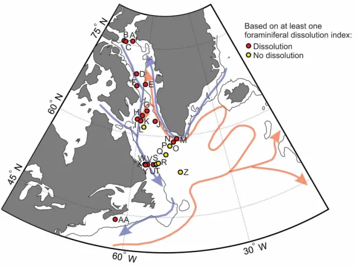 Figure 13. Sites where surface sediments display evidence of calcite dissolution (red) and calcite  preservation (yellow) (see Table 7)
