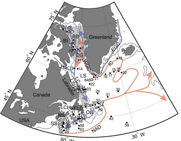 Figure 1. Map of the core site locations in the northwest North Atlantic. The black dots 