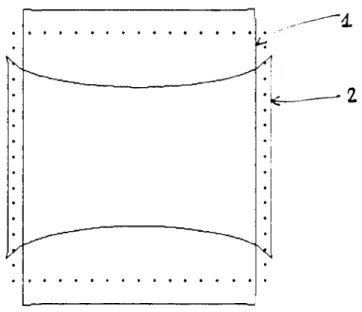 fig 12: courbe pointillée: maillage sur la géométrie initiale  courbe 1: géométrie déformée d'une plaque carrée en traction  courbe 2: géométrie déformée d'une cavité carrée en compression 
