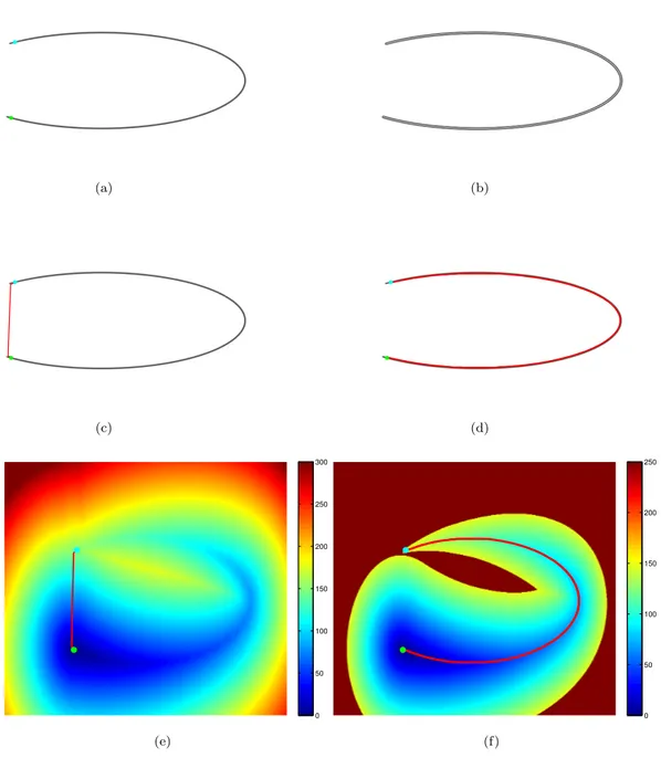 Figure 2.9: Comparative minimal paths extraction results by using the isotropic and anisotropic Riemannian metrics, respectively