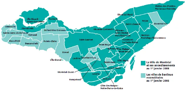 Figure  3.1  Carte  de  la Ville de Montréal et des municipalités reconstituées. Tirée de Ville  de Montréal (s