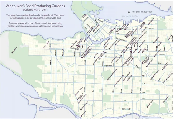 Figure  4.1  Carte  situant  les  jardins  communautaires  pour  la  Ville  de  Vancouver