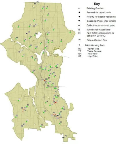 Figure 4.3 Carte situant les jardins communautaires pour la Ville de Seattle. Tirée de Ville  de Seattle (2011a)