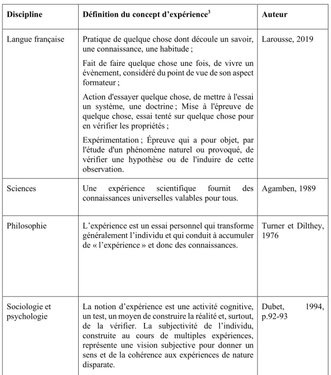 Tableau 1.4 : Définition du concept d’expérience 2