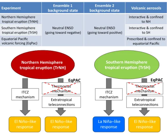 Fig. 1. Schematic description of the experiments and the mechanisms affecting ENSO in our simulations