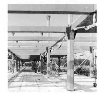Figure  3.3 .  This  figure  shows  the  columns  and  beams  during  the  construction ,  exposed and connected by stand-off steel rod lo w er chords and  bolts