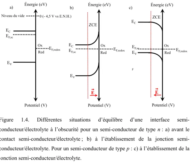 Figure  1.4.  Différentes  situations  d’équilibre  d’une  interface  semi- semi-conducteur/électrolyte à l’obscurité pour un semi-conducteur de type n : a) avant le  contact  conducteur/électrolyte ;  b)  à  l’établissement  de  la  jonction   semi-conduc