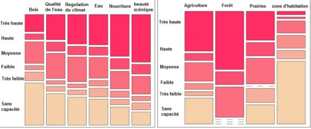 Figure e : Capacité perçue de produire des SE dans le« Bosque de Agua » (la hauteur d'une boîte  est proportionnelle au nombre de fois qu'une valeur spécifique est donnée à ce service ou type du  paysage)