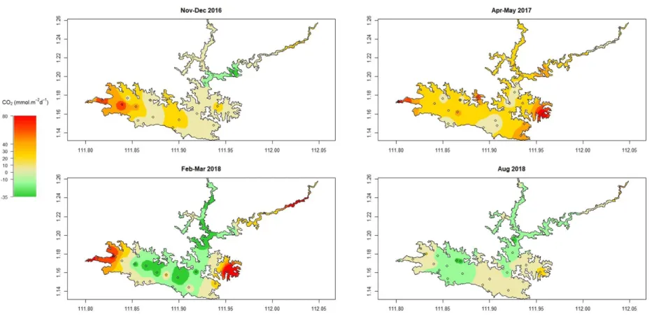 Figure S1.2: Maps of the spatially interpolated surface CO 2  diffusive flux in Batang Ai reservoir for each sampling campaign