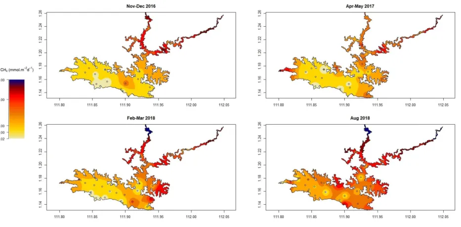 Figure S1.3: Maps of the spatially interpolated surface CH 4  diffusive flux in Batang Ai reservoir for each sampling campaign