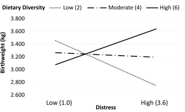 Figure  2:  Interactive  relationship  between  dietary  diversity  and  distress  with  birthweight,  plotted  from  results  of  hierarchical  regression  analyses