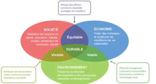 Figure 1.1   Les trois dimensions du développement durable et leurs interfaces (modifié de : EDF, 2019  et Fedkin, 2017.) 