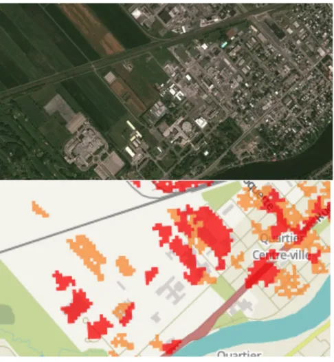 Figure  4.7 Effet  d’îlot  de  chaleur  dans  la  zone  à  l’étude  (Google  Earth  et  www.donnees.gouv.qc.ca)  