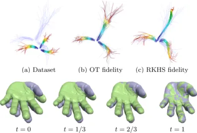 Fig. 2. First row: Matching of fibres bundles. Second row: Matching of two hand surfaces using a balanced OT fidelity