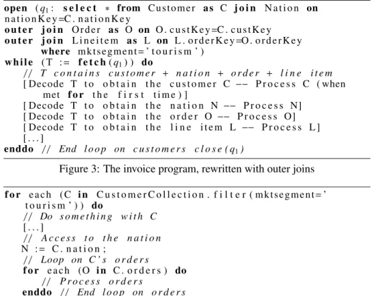 Figure 3: The invoice program, rewritten with outer joins f o r e a c h ( C i n C u s t o m e r C o l l e c t i o n 