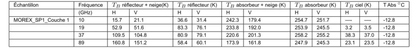 Tableau 7 – Exemple de mesures des propriétés radiométriques d’une couche