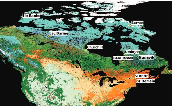 Figure 2.1 – Carte des sites d’acquisition de données in-situ (jaune) et des sites de validation satellitaire (vert) pour les régions canadiennes.