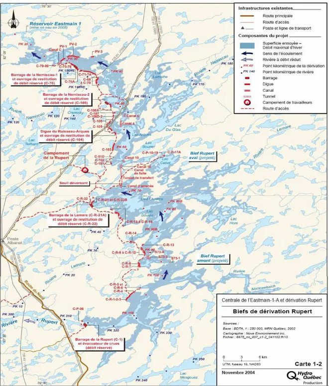 Figure 2.1 :   Composantes du projet de la dérivation Rupert  Tiré de Hydro-Québec-Production, 2004