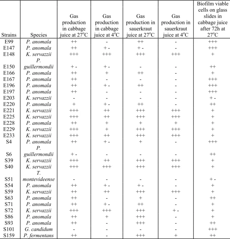 Table 3.2 : Results of the preliminary tests for the selection of yeasts strains for their spoilage  capacity